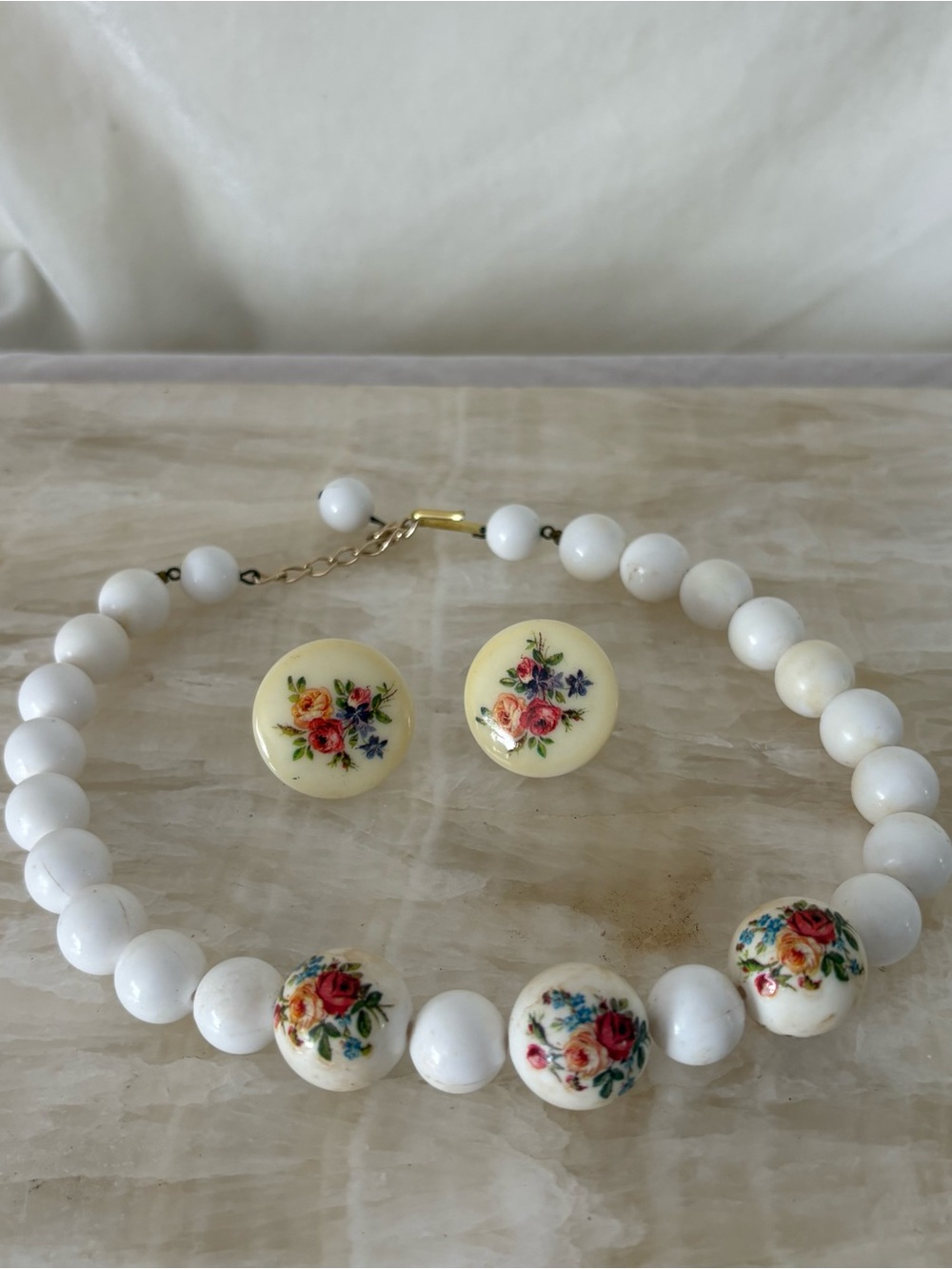 Vintage Germany white bead floral print necklace and earring set graduated